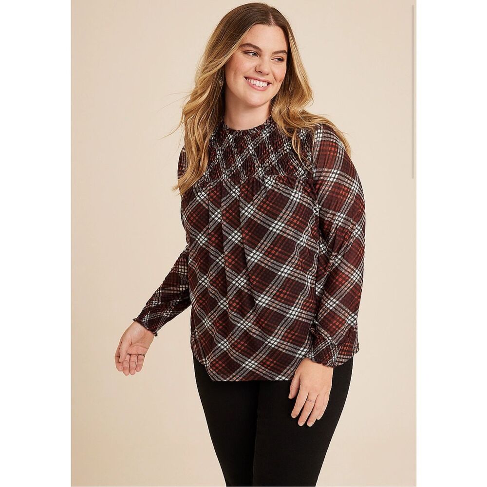 Maurice’s melody mesh plaid long sleeve high neck blouse sz 1X flowy career offi - Picture 2 of 5